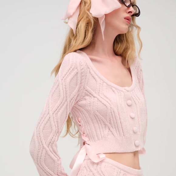 For Love & Lemons Chenille Cable Knit Cardigan Pink - Picture 1 of 7